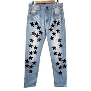 Unbranded Amiri-Style Star Patch Jeans - Size 30 (Measured) Light Wash Denim